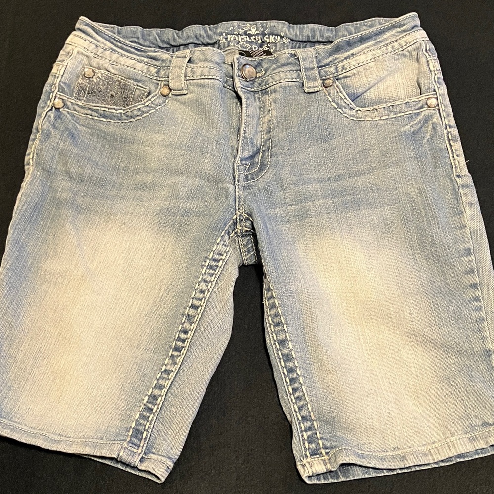 Paisley Sky Light Blue Blingy Rhinestone Embroidered Denim Shorts